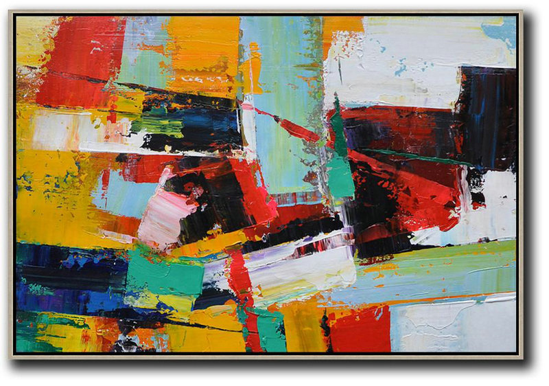 Horizontal Palette Knife Contemporary Art,Wall Art Painting,Yellow,Red,White,Blue
